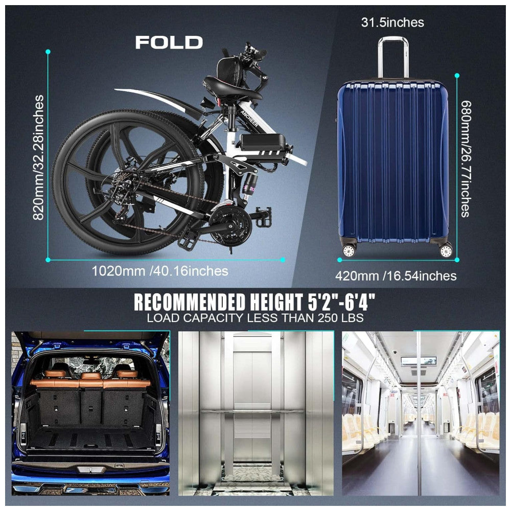 Bicicleta Elétrica Dobrável ANCHEER 26 21 Marchas, Suspensão Completa, Quadro de Alumínio, Freios a Disco Mecânicos