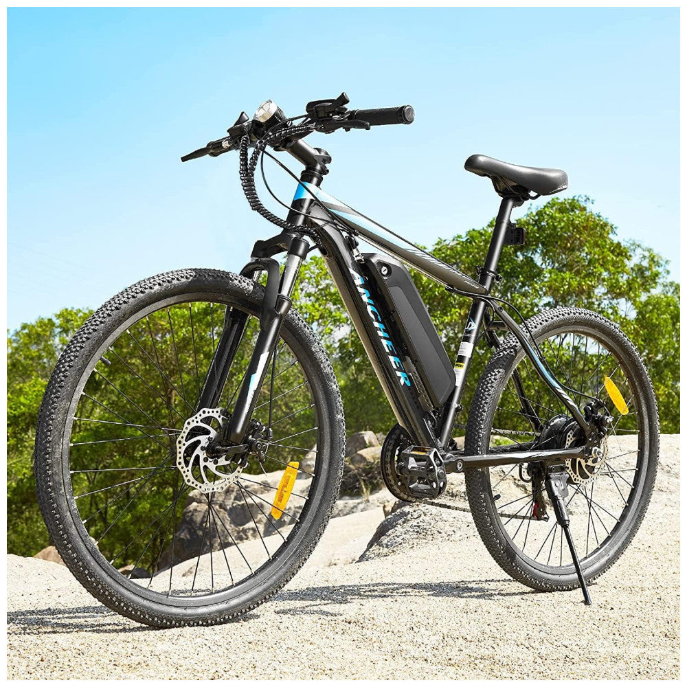 Bicicleta Elétrica ANCHEER Sunshine Motor Peak 750 W, Bateria Removível 48 V 7,8 10,4 Ah, 21 Velocidades, Pneu 26 , Suspensão Frontal, Cor Preto e Azul