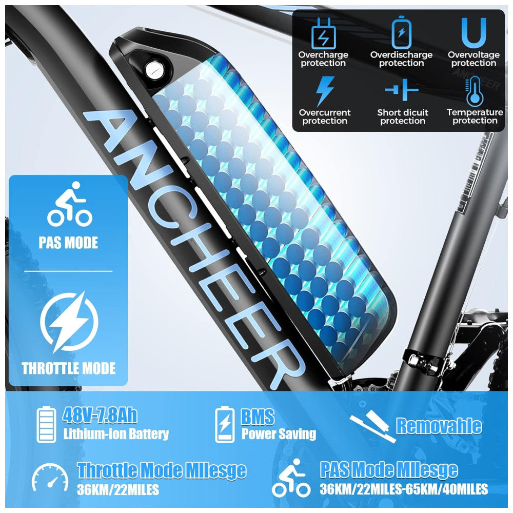 Bicicleta Elétrica ANCHEER Sunshine Motor Peak 750 W, Bateria Removível 48 V 7,8 10,4 Ah, 21 Velocidades, Pneu 26 , Suspensão Frontal, Cor Preto e Azul