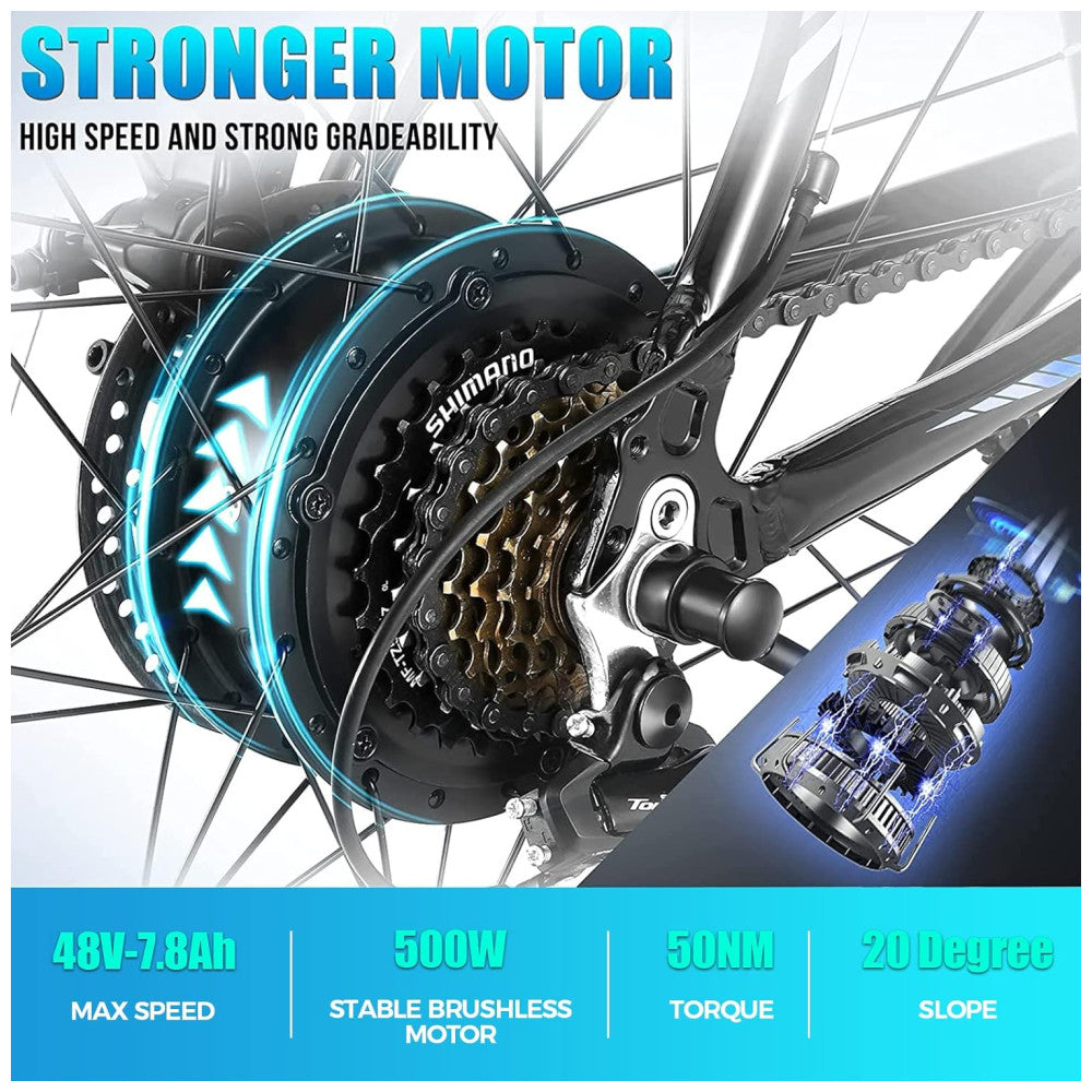 Bicicleta Elétrica ANCHEER Sunshine Motor Peak 750 W, Bateria Removível 48 V 7,8 10,4 Ah, 21 Velocidades, Pneu 26 , Suspensão Frontal, Cor Preto e Azul