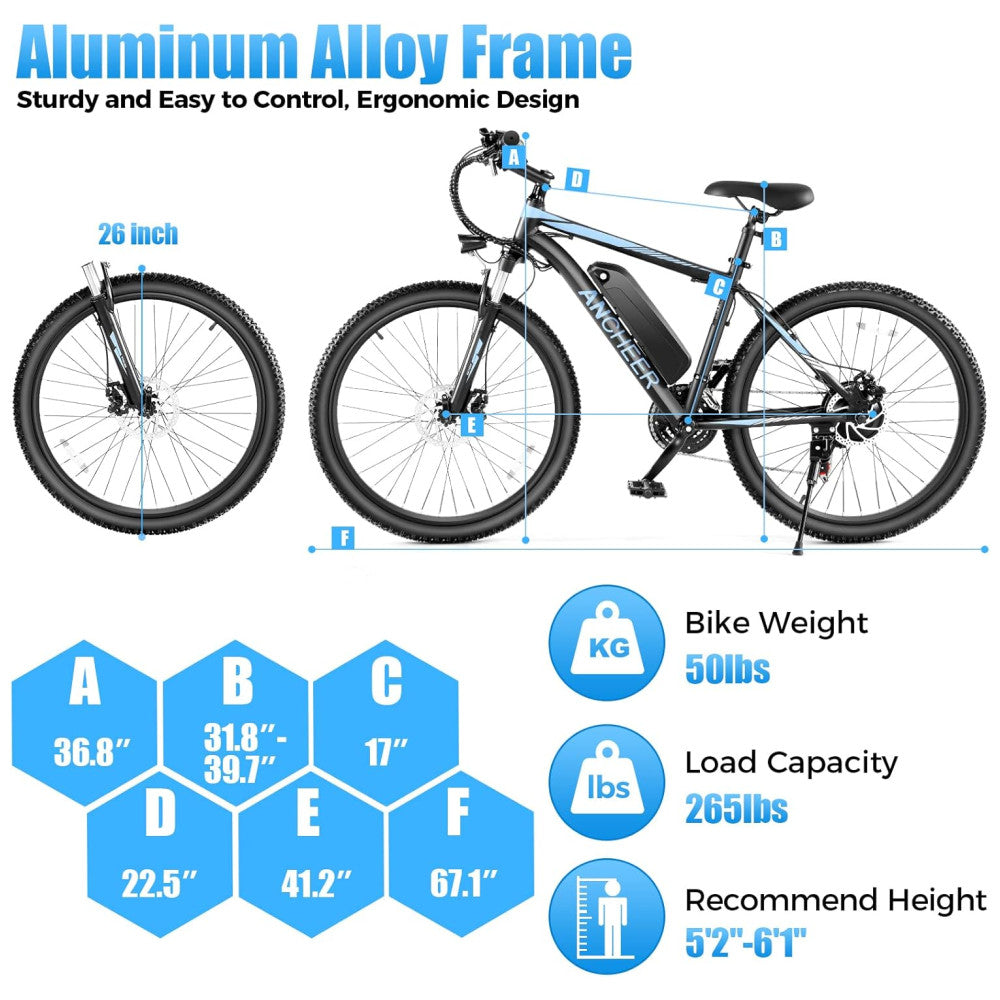 Bicicleta Elétrica ANCHEER Sunshine Motor Peak 750 W, Bateria Removível 48 V 7,8 10,4 Ah, 21 Velocidades, Pneu 26 , Suspensão Frontal, Cor Preto e Azul