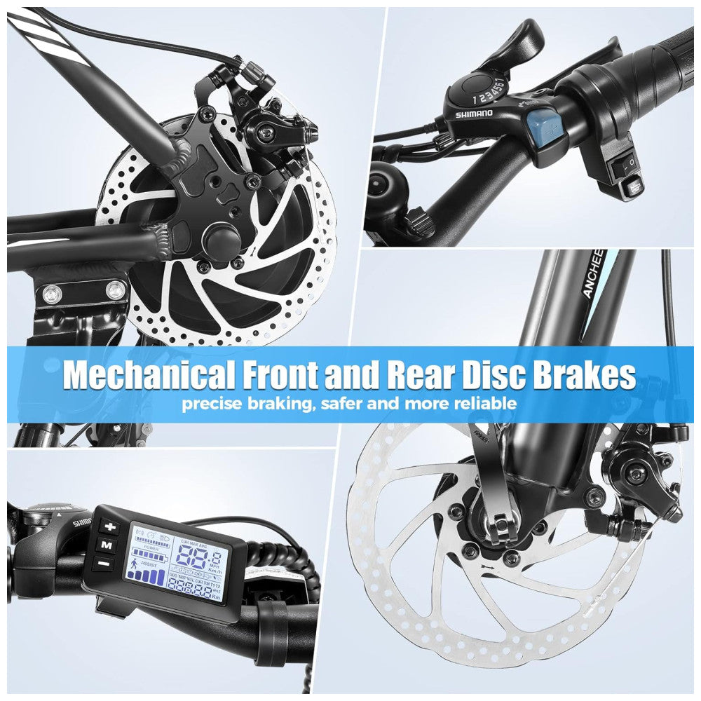 Bicicleta Elétrica ANCHEER Sunshine Motor Peak 750 W, Bateria Removível 48 V 7,8 10,4 Ah, 21 Velocidades, Pneu 26 , Suspensão Frontal, Cor Preto e Azul