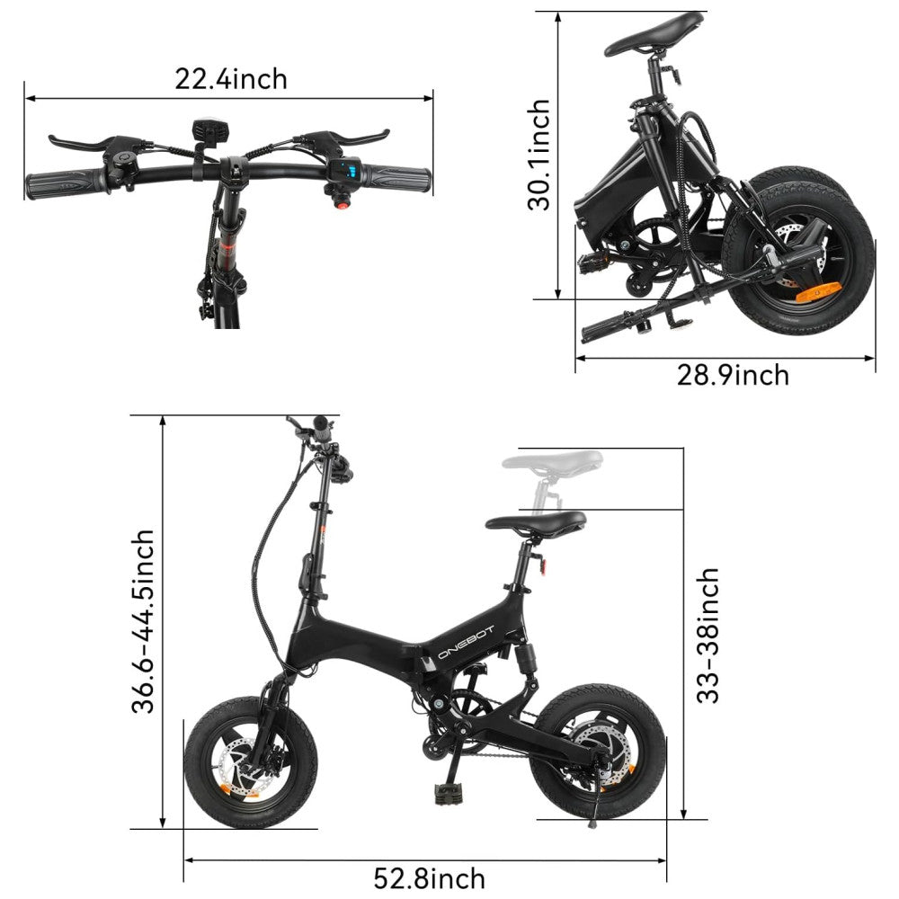 Bicicleta Elétrica ONEBOT S7F Dobrável Preta | Autonomia 32 km, Velocidade 25 km/h, Bateria Oculta, Rodas 14", Quadro Magnésio, Suspensão Dupla, Freios a Disco