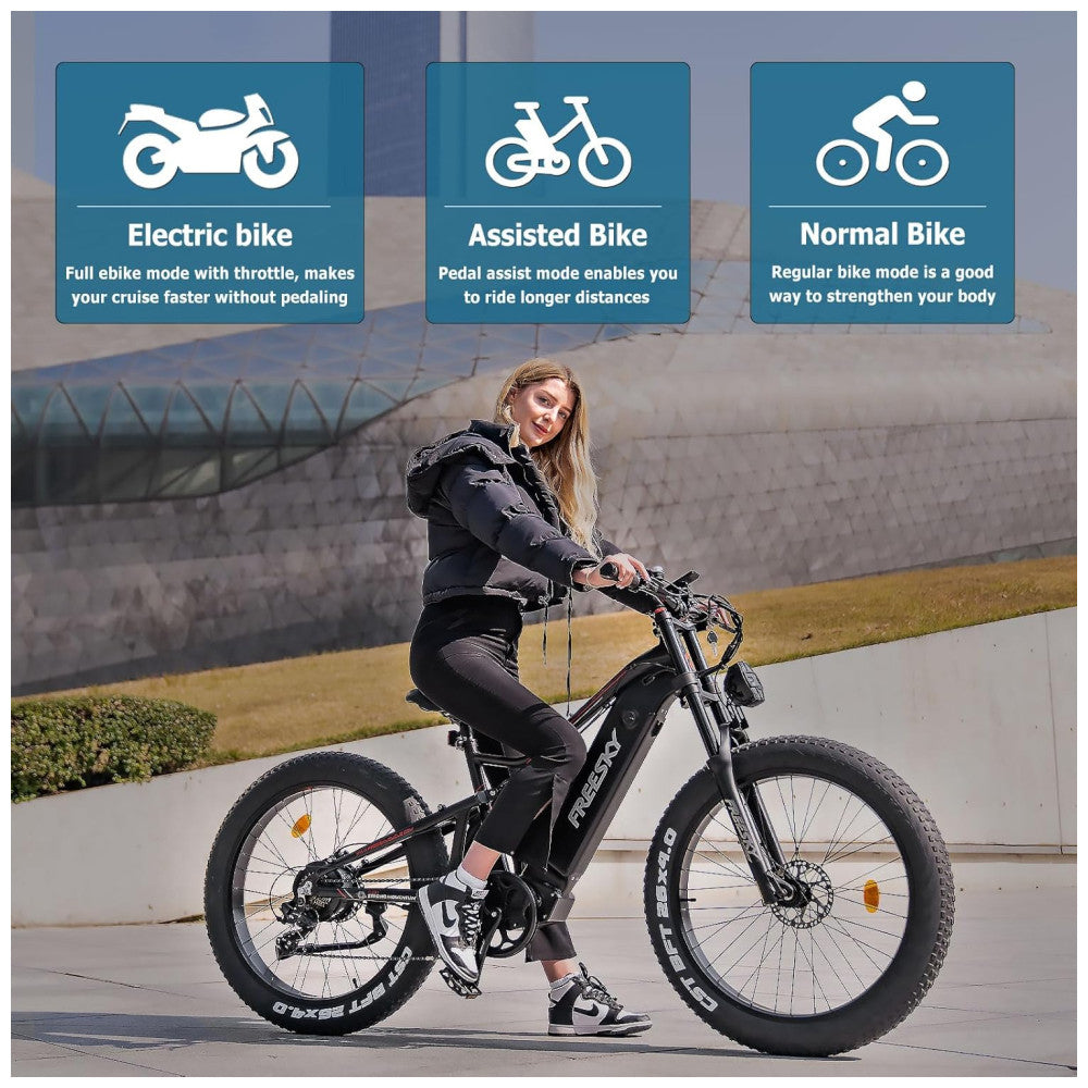 Bicicleta Elétrica FREESKY Swift Horse Pro Azul Cinza Autonomia 190 km, Velocidade 56 km h, Motor BAFANG 1000W, Bateria 48V 30Ah, Suspensão Dupla, Freios Hidráulicos