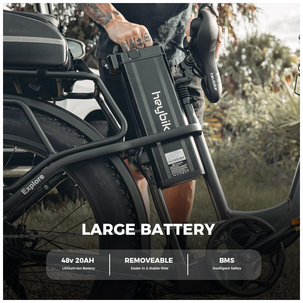 Bicicleta Elétrica Heybike Mars 2.0 – Motor 750W, Bateria Removível 48V, Pneus Fat 20"x4", Quadro Step-Thru, Dobrável, Suspensão Frontal, 7 Marchas – Preta