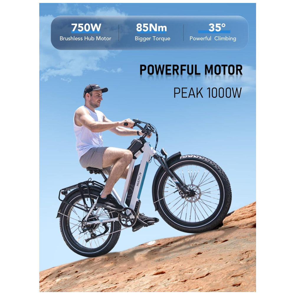 Bicicleta Elétrica MULTIJOY EB260 Branca | Motor 1000W, Bateria 48V 20Ah, Autonomia 112 km, Velocidade 45 km/h, Rodas 26"x4", Freios a Disco