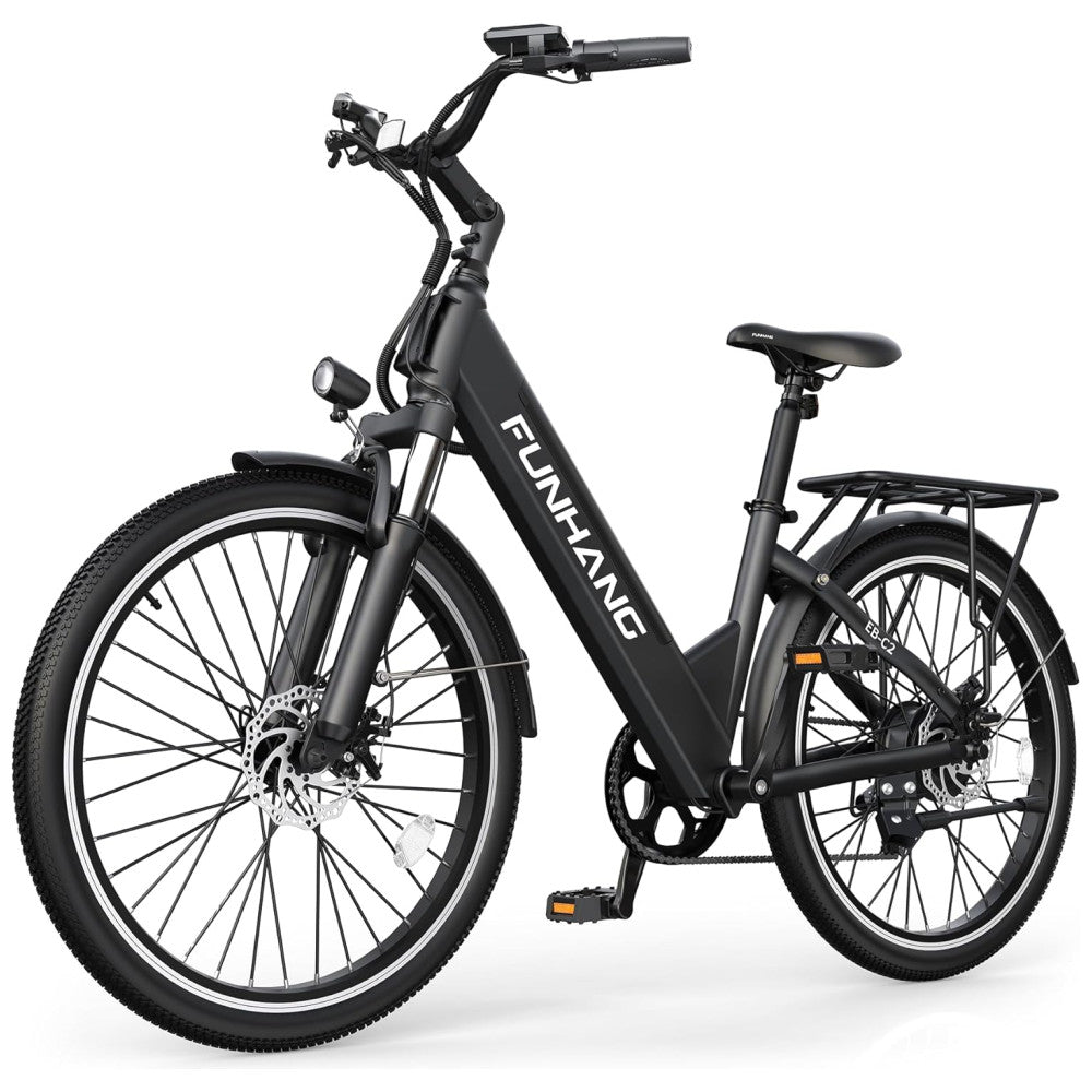 E Bike Funhang EB C2, Motor Brushless 500W Pico 1000W , Torque 55Nm, Bateria 48V 374Wh Removível, 26 , 7 Marchas, 5 Modos, Freios a Disco, IPX5, PRETA