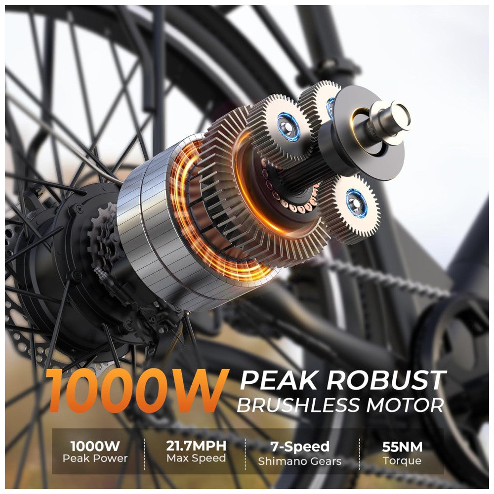 E Bike Funhang EB C2, Motor Brushless 500W Pico 1000W , Torque 55Nm, Bateria 48V 374Wh Removível, 26 , 7 Marchas, 5 Modos, Freios a Disco, IPX5, PRETA