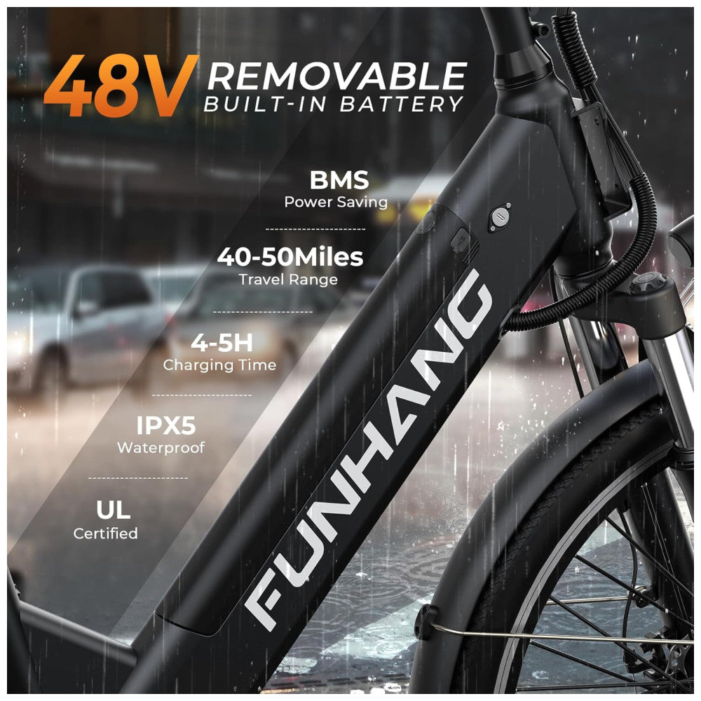 E Bike Funhang EB C2, Motor Brushless 500W Pico 1000W , Torque 55Nm, Bateria 48V 374Wh Removível, 26 , 7 Marchas, 5 Modos, Freios a Disco, IPX5, PRETA