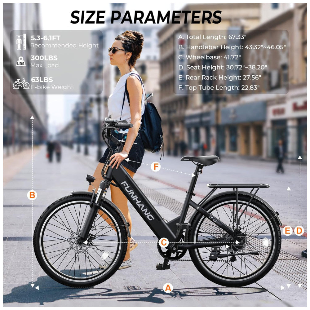 E Bike Funhang EB C2, Motor Brushless 500W Pico 1000W , Torque 55Nm, Bateria 48V 374Wh Removível, 26 , 7 Marchas, 5 Modos, Freios a Disco, IPX5, PRETA