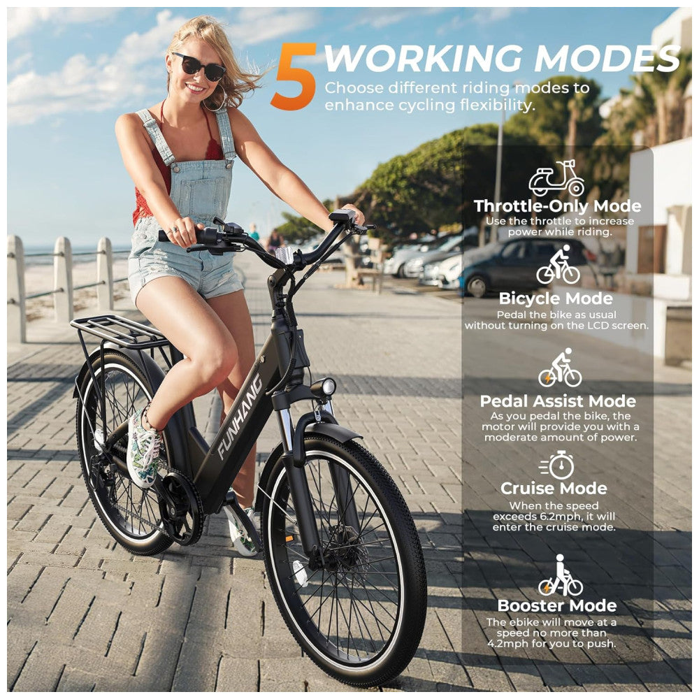 E Bike Funhang EB C2, Motor Brushless 500W Pico 1000W , Torque 55Nm, Bateria 48V 374Wh Removível, 26 , 7 Marchas, 5 Modos, Freios a Disco, IPX5, PRETA