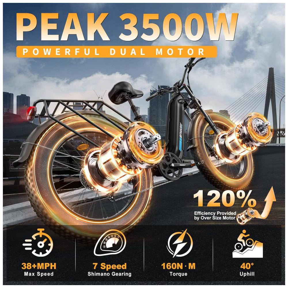 Bicicleta Elétrica FREESKY Ranger Pro 26 , Motor Duplo 2000W, Bateria 48V 25Ah, 153 KM de Alcance, Freios Hidráulicos, Display HD com NFC, Mountain Bike Off Road, PRETA