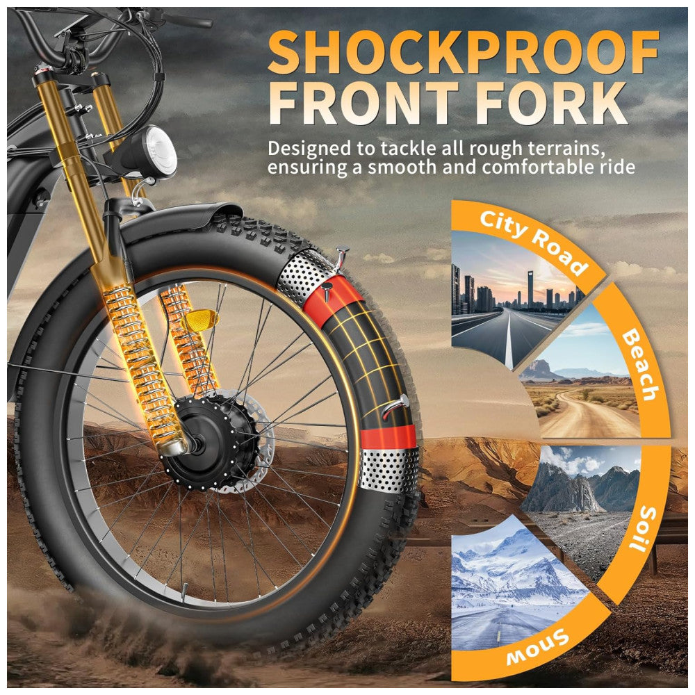 Bicicleta Elétrica FREESKY Ranger Pro 26 , Motor Duplo 2000W, Bateria 48V 25Ah, 153 KM de Alcance, Freios Hidráulicos, Display HD com NFC, Mountain Bike Off Road, PRETA