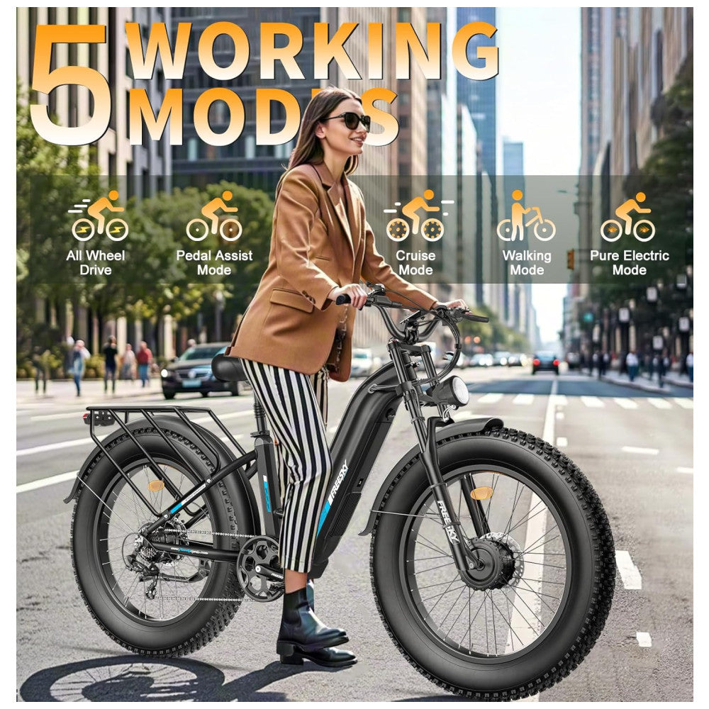 Bicicleta Elétrica FREESKY Ranger Pro 26 , Motor Duplo 2000W, Bateria 48V 25Ah, 153 KM de Alcance, Freios Hidráulicos, Display HD com NFC, Mountain Bike Off Road, PRETA