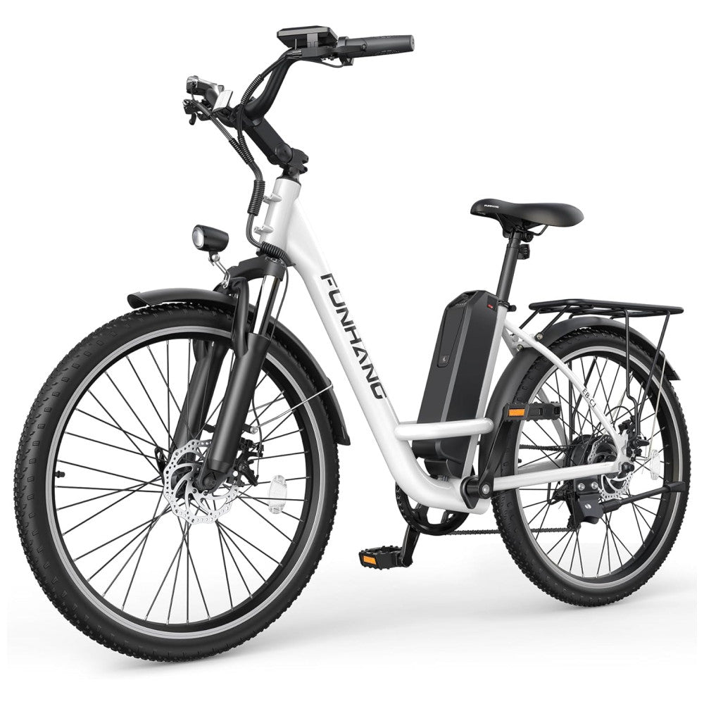 Bicicleta Elétrica Funhang EB C1 1000W com Bateria Removível 48V, 7 Velocidades e Tela LCD para Deslocamento Diário, BRANCA