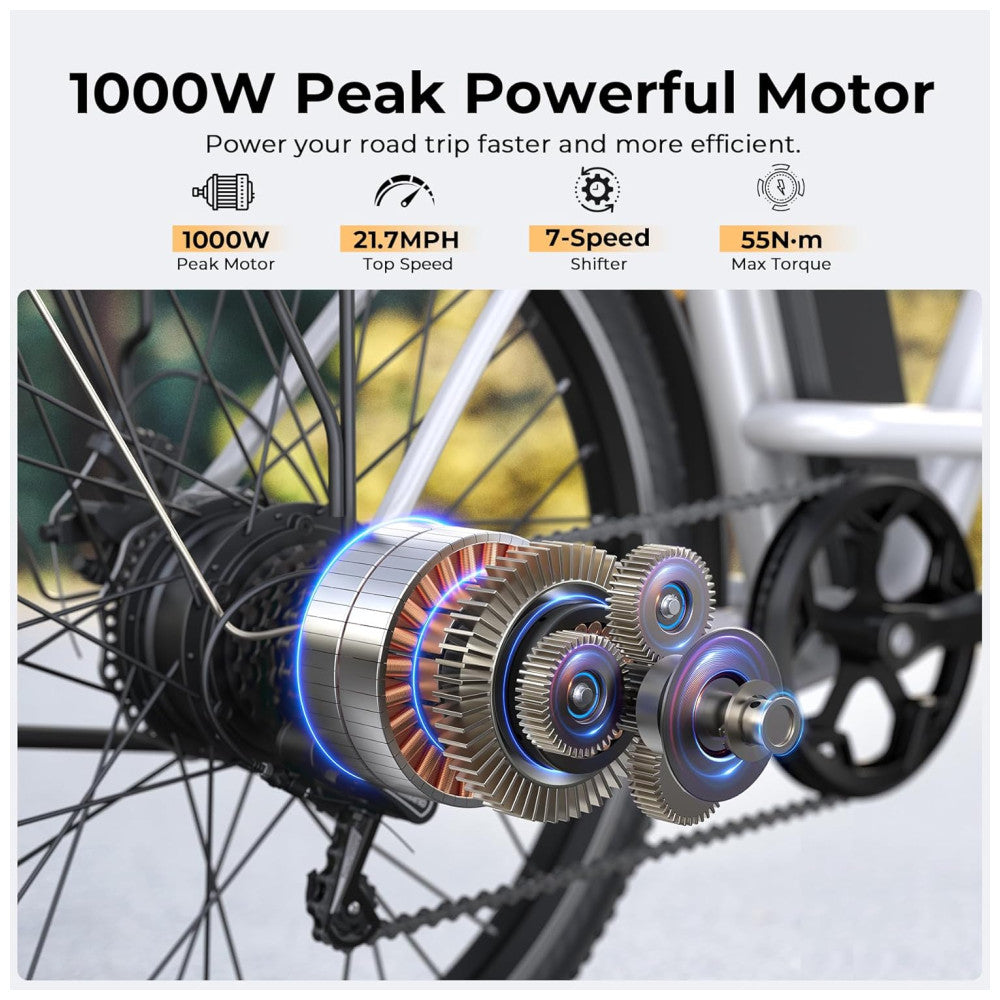 Bicicleta Elétrica Funhang EB C1 1000W com Bateria Removível 48V, 7 Velocidades e Tela LCD para Deslocamento Diário, BRANCA
