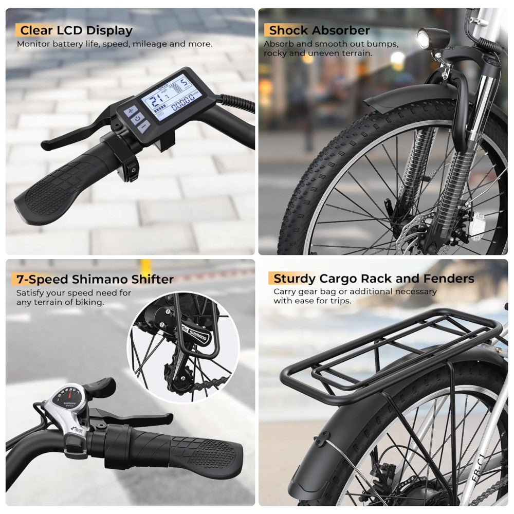 Bicicleta Elétrica Funhang EB C1 1000W com Bateria Removível 48V, 7 Velocidades e Tela LCD para Deslocamento Diário, BRANCA
