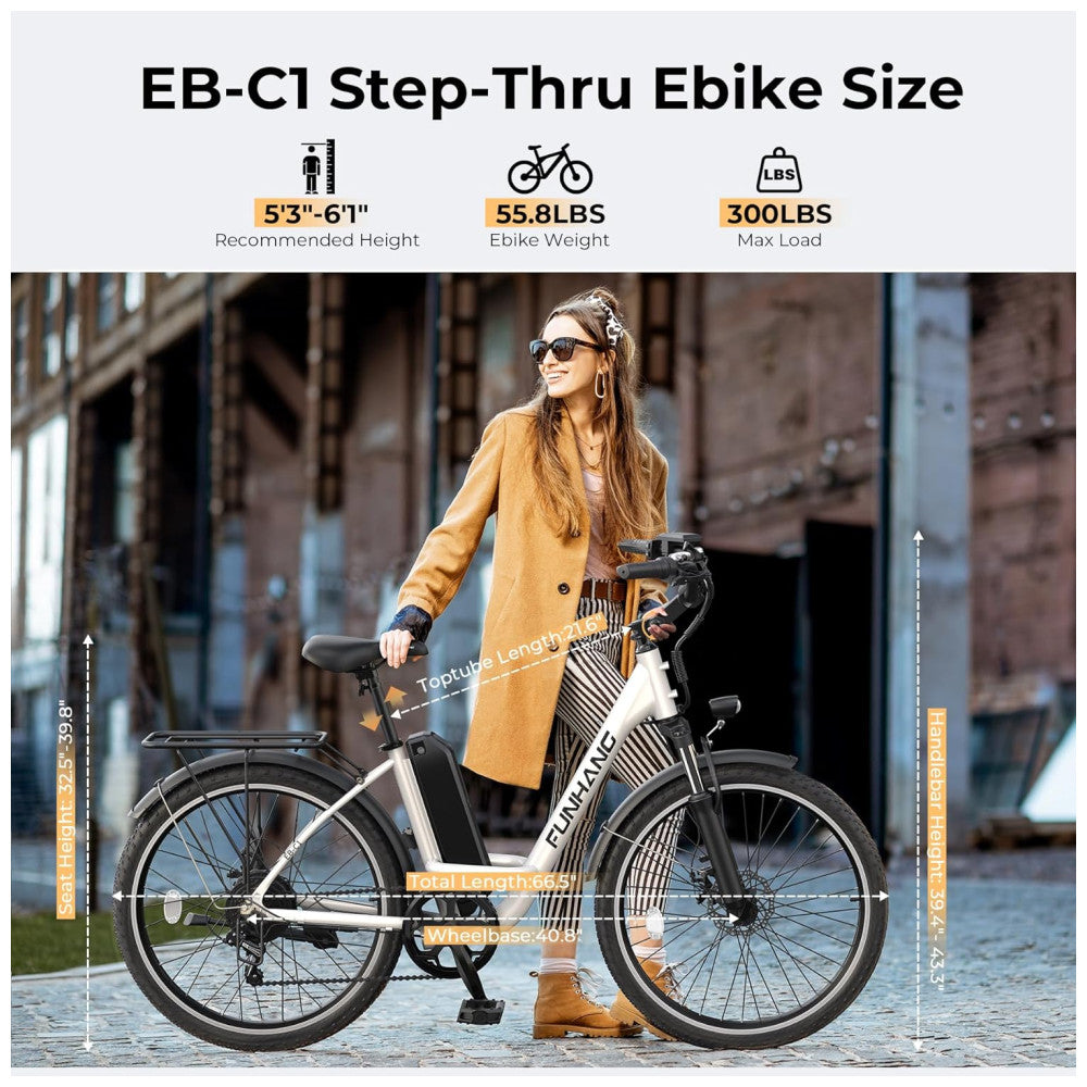 Bicicleta Elétrica Funhang EB C1 1000W com Bateria Removível 48V, 7 Velocidades e Tela LCD para Deslocamento Diário, BRANCA