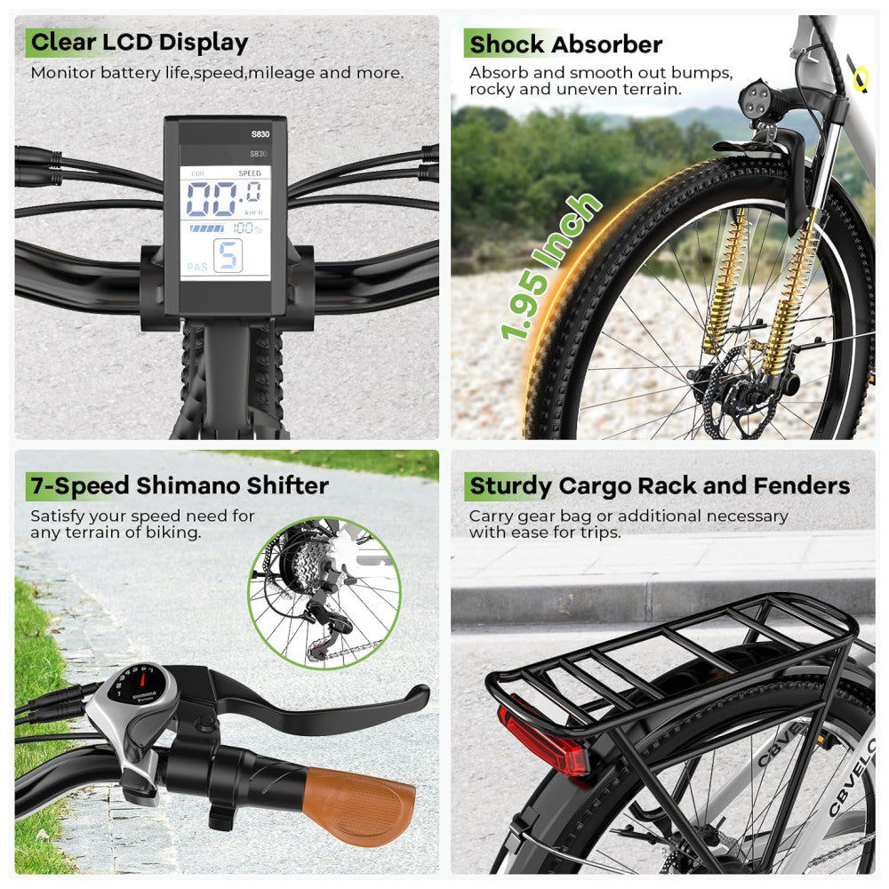 Bicicleta Elétrica Aoango EK2 Branco 26" | Motor 1000W, Bateria 48V 720Wh, Suspensão Dianteira, Display LCD