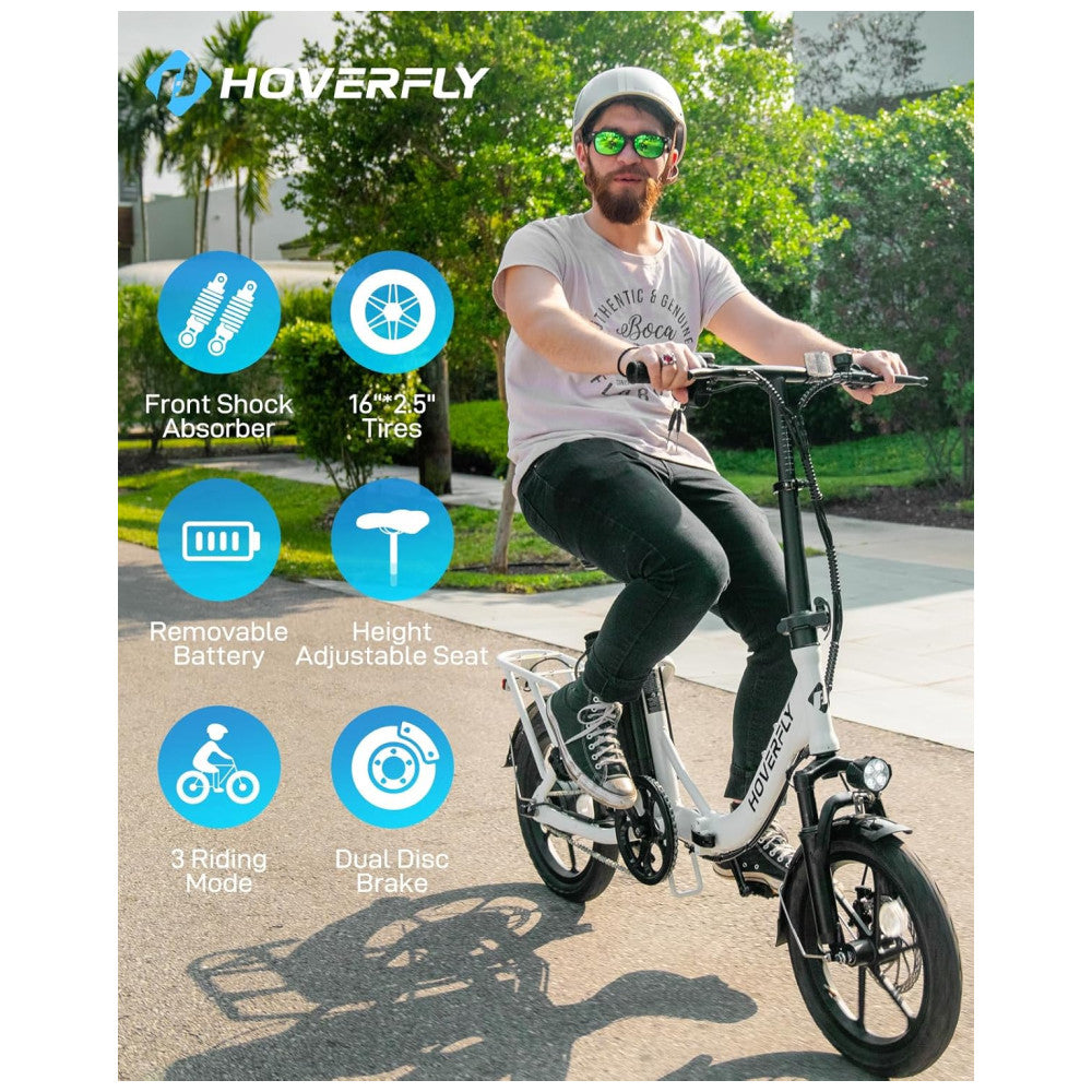 Bicicleta Elétrica Dobrável Hoverfly, 500W de Pico, 25 km h, 45 km de Alcance, Rodas 16 , Bateria Removível, Suspensão Dupla, Freios a Disco e Certificação UL2849, AZUL