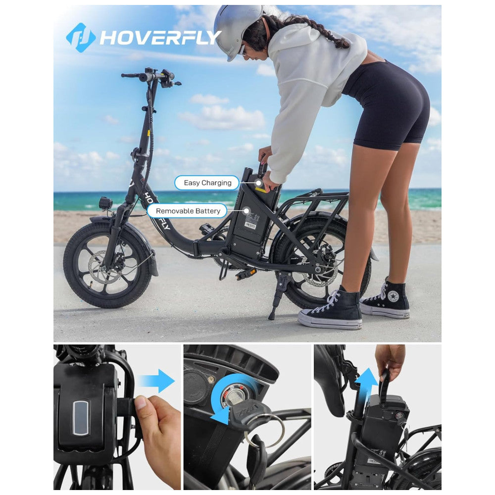 Bicicleta Elétrica Dobrável Hoverfly, 500W de Pico, 25 km h, 45 km de Alcance, Rodas 16 , Bateria Removível, Suspensão Dupla, Freios a Disco e Certificação UL2849, AZUL
