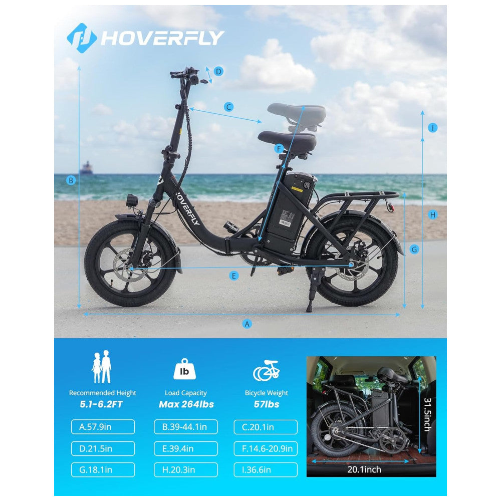 Bicicleta Elétrica Dobrável Hoverfly, 500W de Pico, 25 km h, 45 km de Alcance, Rodas 16 , Bateria Removível, Suspensão Dupla, Freios a Disco e Certificação UL2849, AZUL