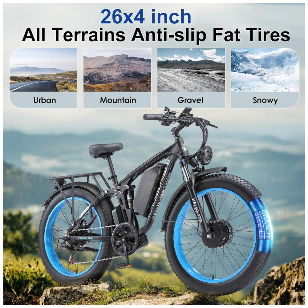 Bicicleta Elétrica KETELES Peak 4000W, Motor Duplo 2000W, Pneus 26 , Bateria 1104Wh, Freios Hidráulicos, Suspensão Completa, até 56 km h, Preto Azul
