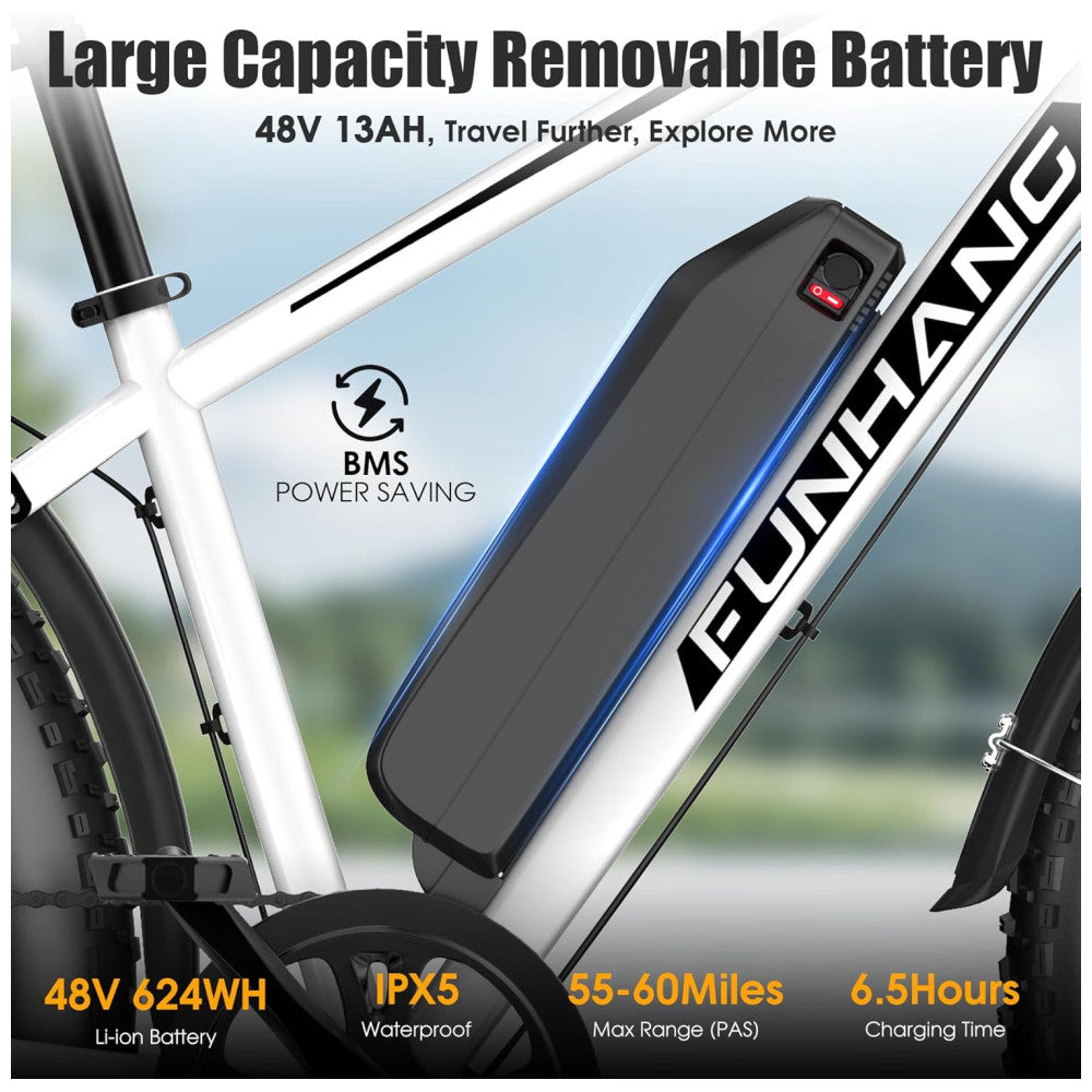 Bicicleta Elétrica Funhang EB-S1 26" Branco | Motor 1000W Pico, Bateria 48V 13Ah Removível, 7 Velocidades, 5 Modos de Condução