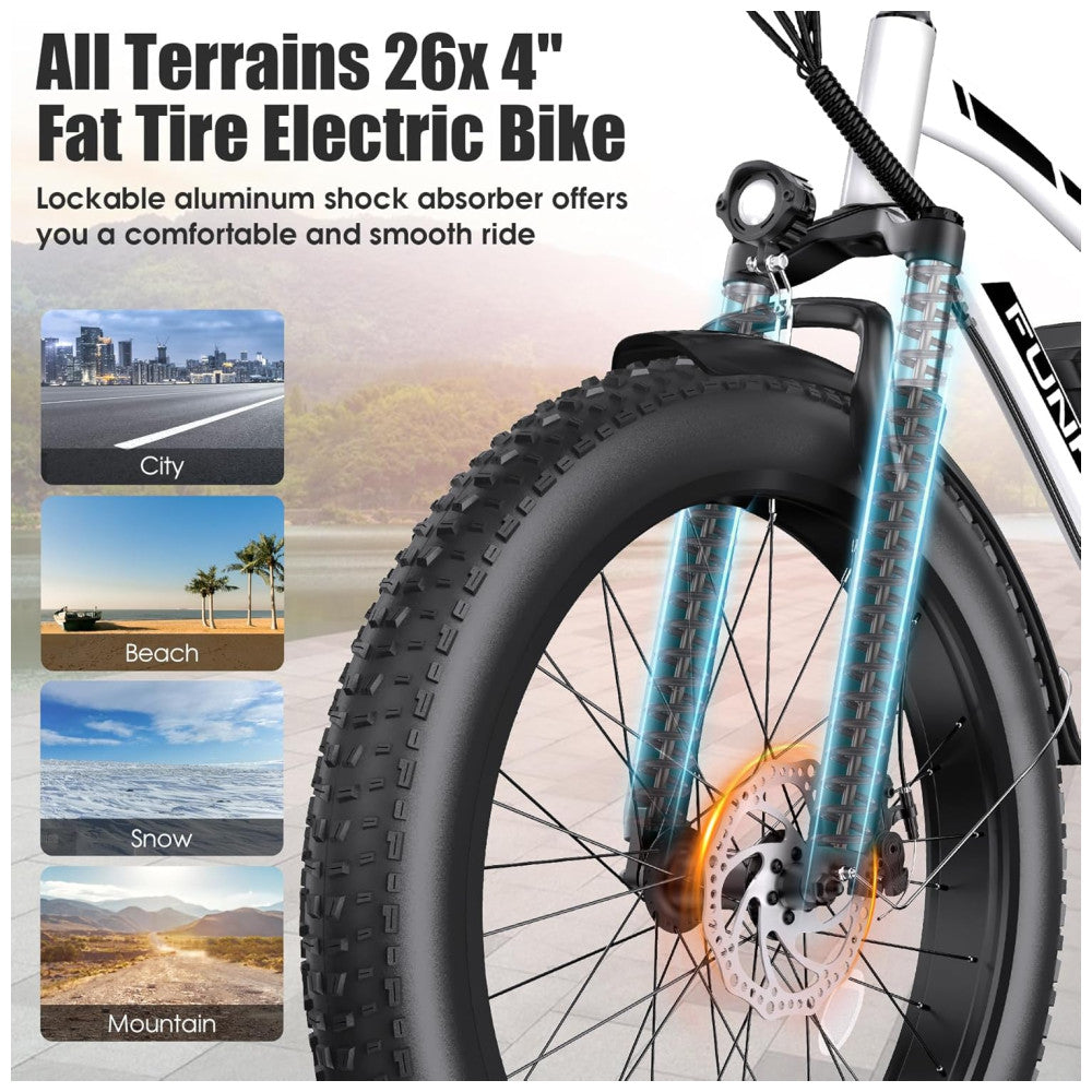Bicicleta Elétrica Funhang EB-S1 26" Branco | Motor 1000W Pico, Bateria 48V 13Ah Removível, 7 Velocidades, 5 Modos de Condução