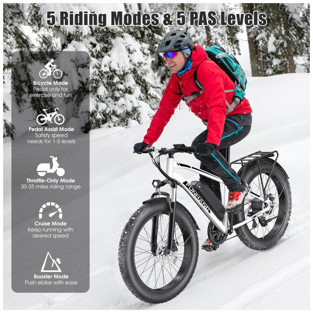 Bicicleta Elétrica Funhang EB-S1 26" Branco | Motor 1000W Pico, Bateria 48V 13Ah Removível, 7 Velocidades, 5 Modos de Condução