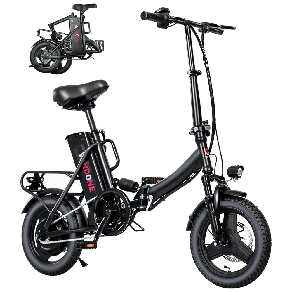 Bicicleta Elétrica Dobrável Windone S14 Preto Fosco – Motor 350W (Pico 500W), Velocidade Máxima 30km/h, Autonomia 45km, Rodas 14", Suspensão Traseira, Bateria Removível 36V 7,8Ah