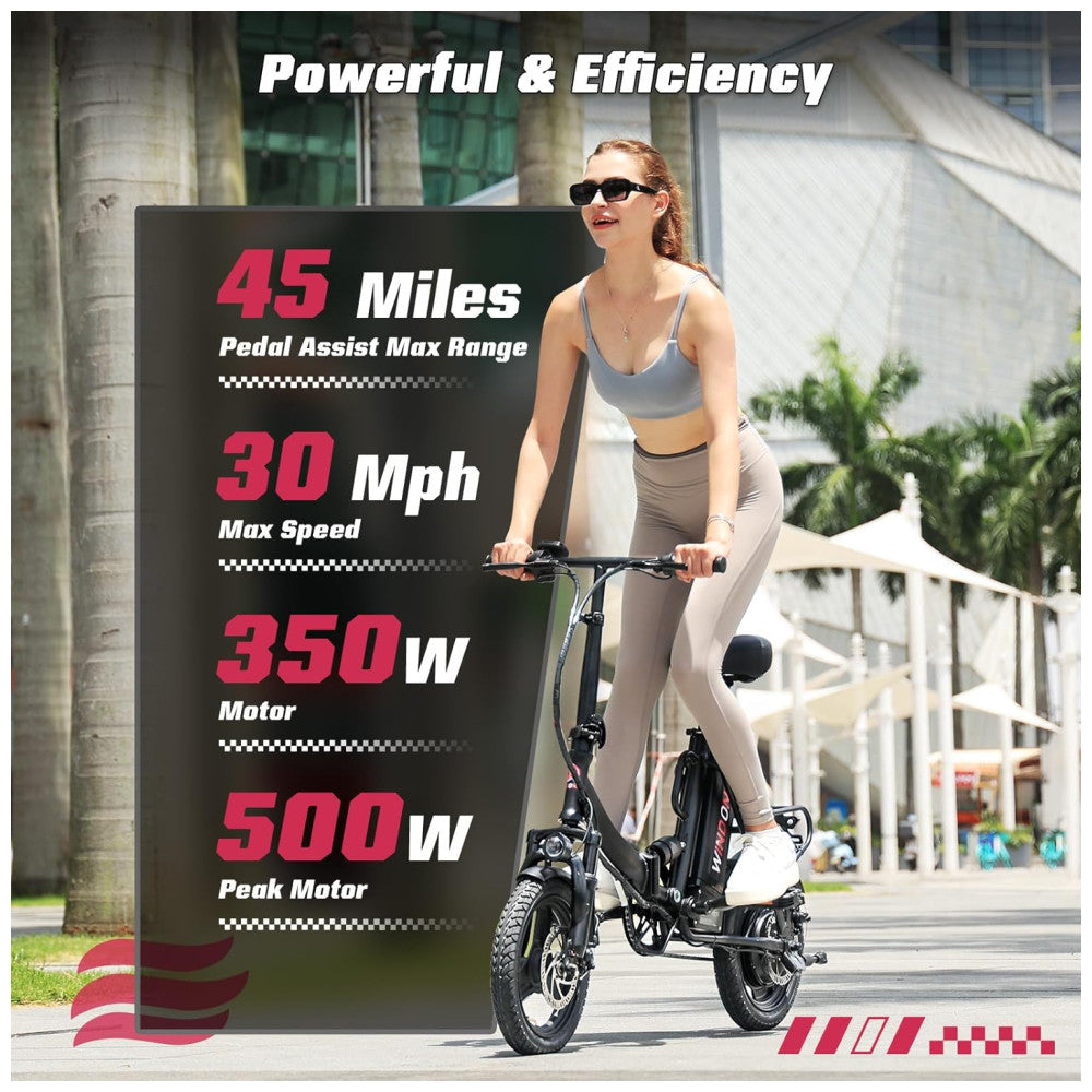 Bicicleta Elétrica Dobrável Windone S14 Preto Fosco – Motor 350W (Pico 500W), Velocidade Máxima 30km/h, Autonomia 45km, Rodas 14", Suspensão Traseira, Bateria Removível 36V 7,8Ah
