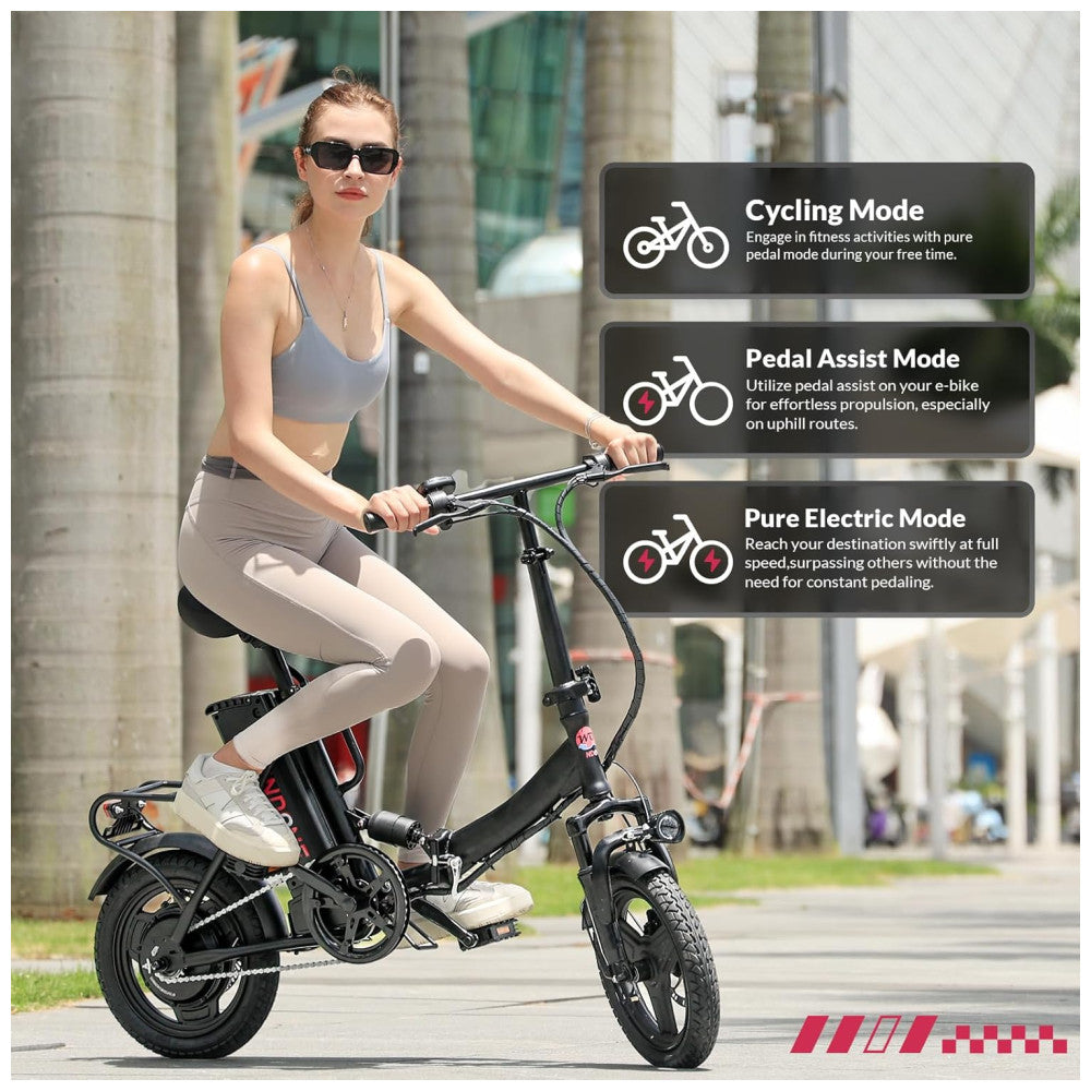 Bicicleta Elétrica Dobrável Windone S14 Preto Fosco – Motor 350W (Pico 500W), Velocidade Máxima 30km/h, Autonomia 45km, Rodas 14", Suspensão Traseira, Bateria Removível 36V 7,8Ah