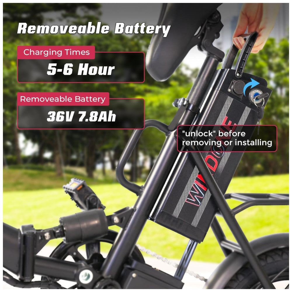 Bicicleta Elétrica Dobrável Windone S14 Preto Fosco – Motor 350W (Pico 500W), Velocidade Máxima 30km/h, Autonomia 45km, Rodas 14", Suspensão Traseira, Bateria Removível 36V 7,8Ah