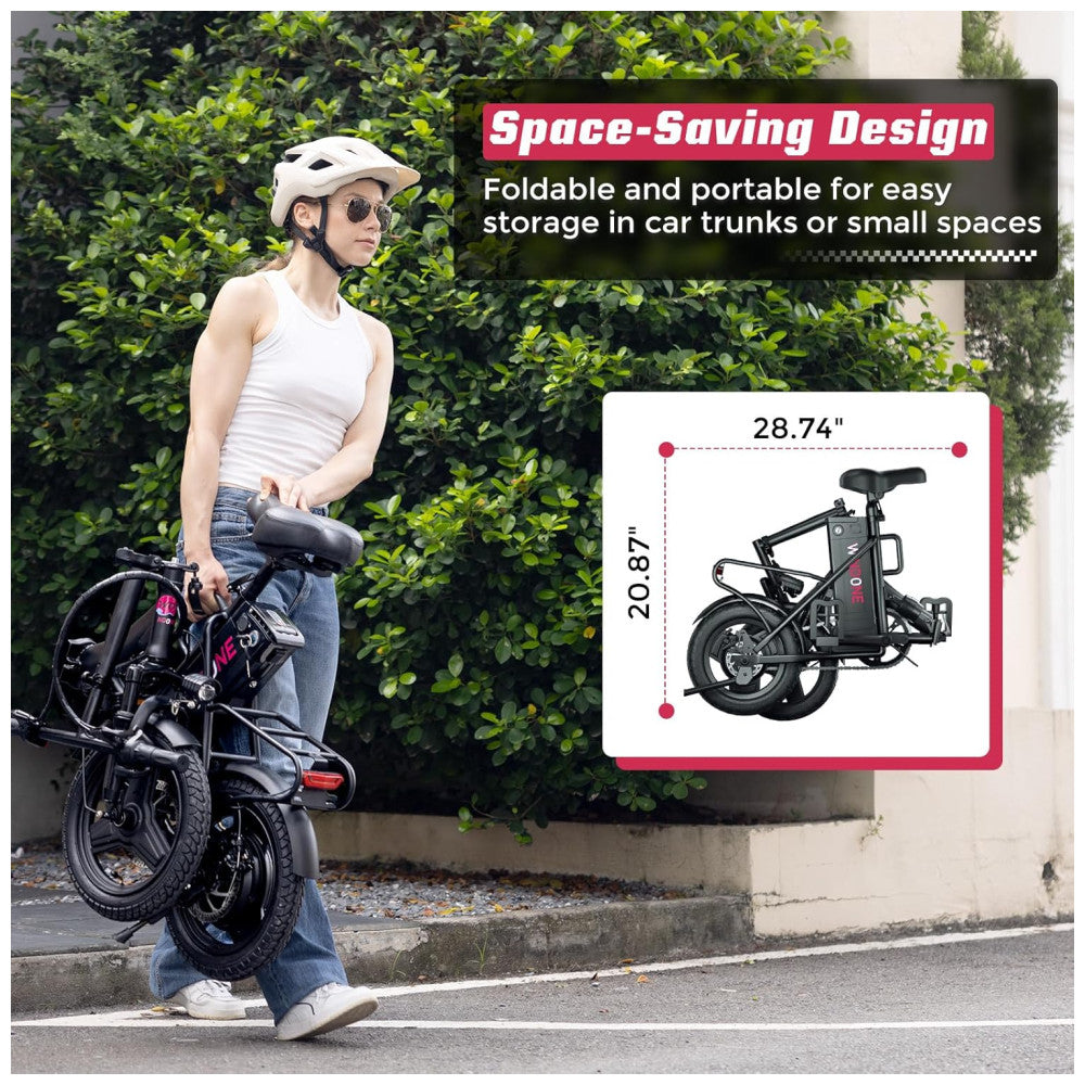 Bicicleta Elétrica Dobrável Windone S14 Preto Fosco – Motor 350W (Pico 500W), Velocidade Máxima 30km/h, Autonomia 45km, Rodas 14", Suspensão Traseira, Bateria Removível 36V 7,8Ah