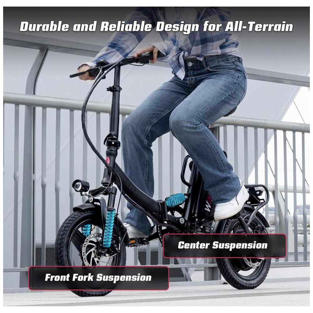 Bicicleta Elétrica Dobrável Windone S14 Preto Fosco – Motor 350W (Pico 500W), Velocidade Máxima 30km/h, Autonomia 45km, Rodas 14", Suspensão Traseira, Bateria Removível 36V 7,8Ah