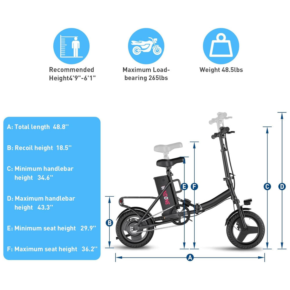 Bicicleta Elétrica Dobrável Windone S14 Preto Fosco – Motor 350W (Pico 500W), Velocidade Máxima 30km/h, Autonomia 45km, Rodas 14", Suspensão Traseira, Bateria Removível 36V 7,8Ah