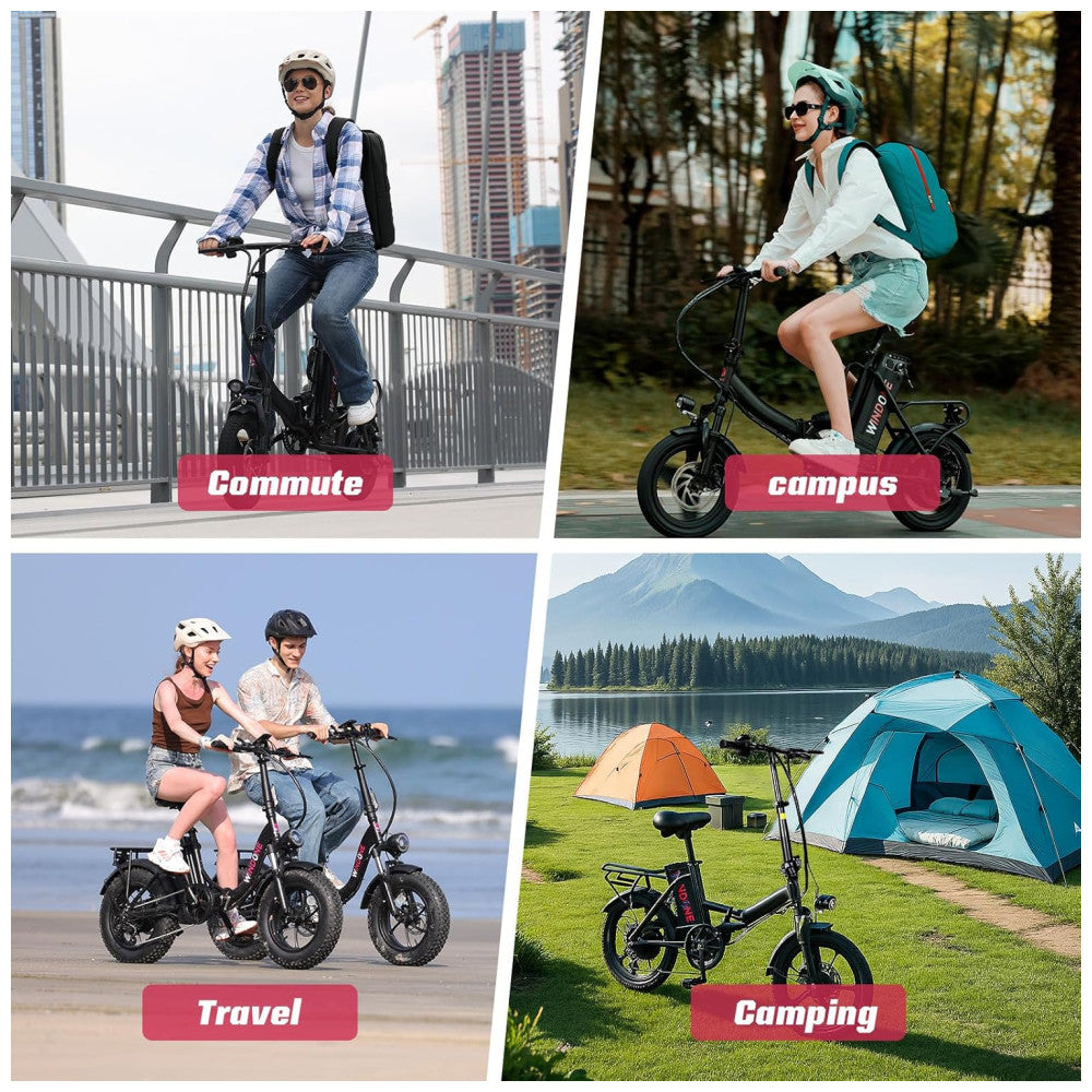 Bicicleta Elétrica Dobrável Windone S14 Preto Fosco – Motor 350W (Pico 500W), Velocidade Máxima 30km/h, Autonomia 45km, Rodas 14", Suspensão Traseira, Bateria Removível 36V 7,8Ah