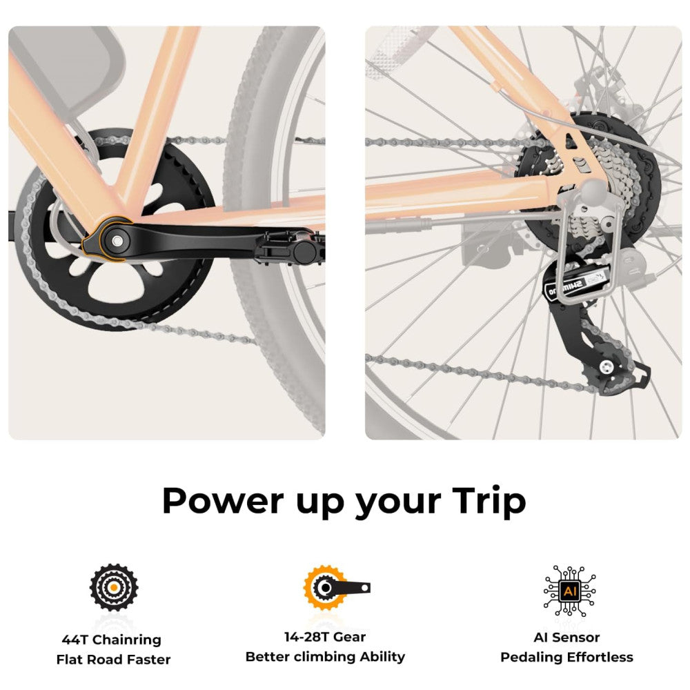 Bicicleta Elétrica Urbana Jasion EB5 26" Laranja | Motor 350W (Pico 500W), Bateria 36V 360Wh Removível, 7 Velocidades, 4 Modos de Condução