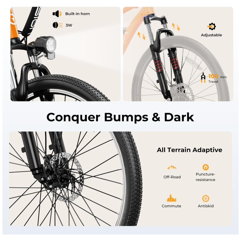 Bicicleta Elétrica Urbana Jasion EB5 26" Laranja | Motor 350W (Pico 500W), Bateria 36V 360Wh Removível, 7 Velocidades, 4 Modos de Condução