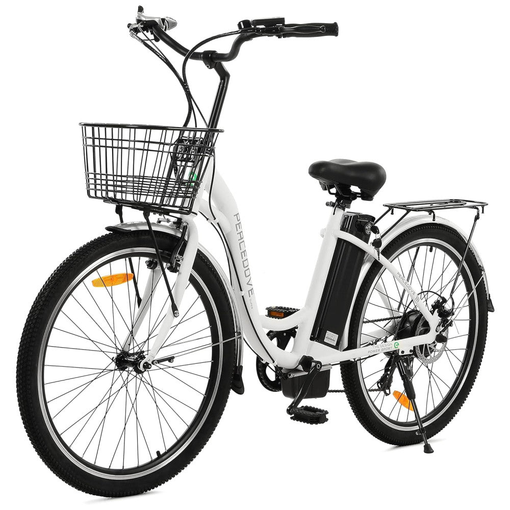 Bicicleta Elétrica Urbana Step Through 350W, Bateria Removível 36V 10Ah, Autonomia Até 64 km, Quadro Alumínio 26 , 4 Modos, Visor LED, Branca