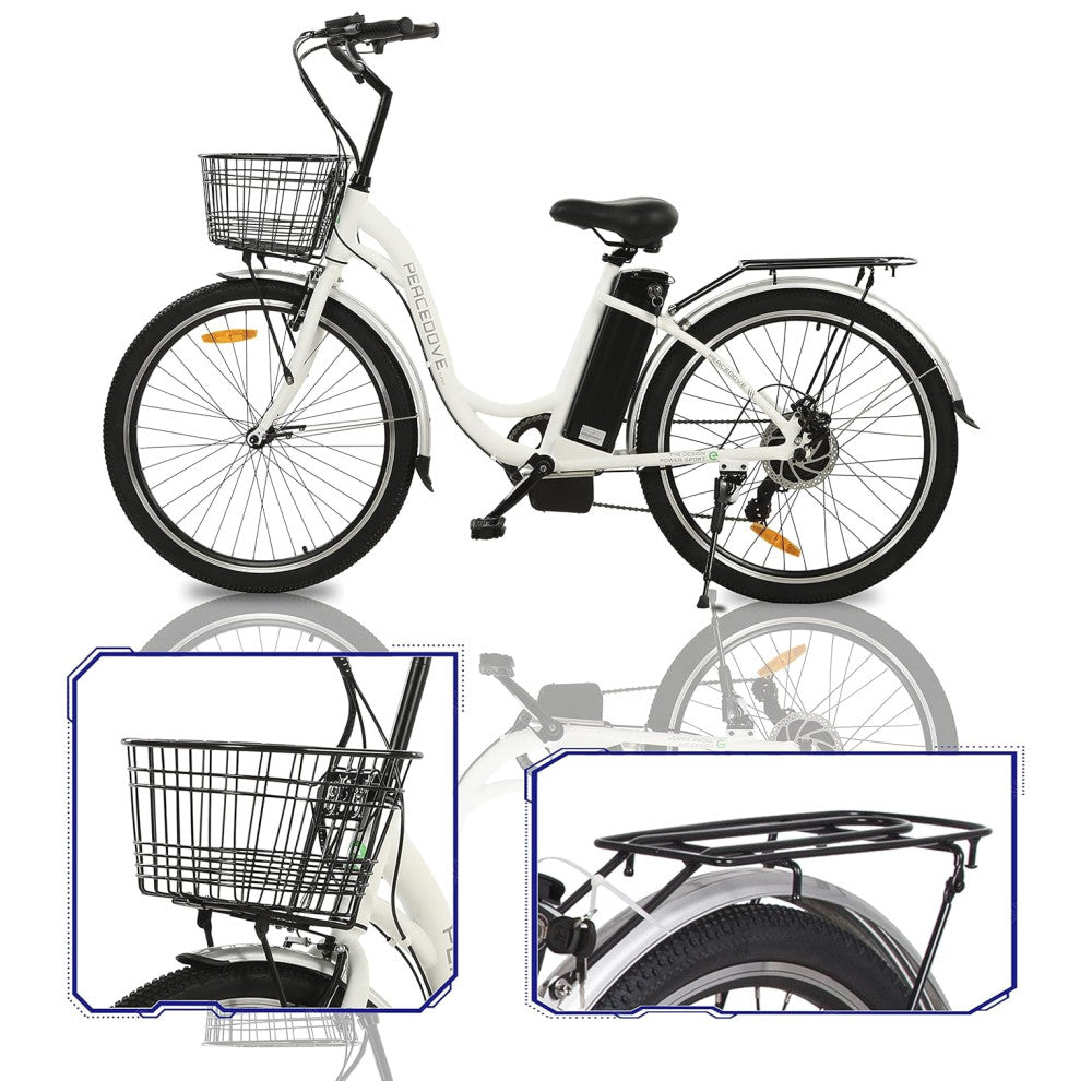 Bicicleta Elétrica Urbana Step Through 350W, Bateria Removível 36V 10Ah, Autonomia Até 64 km, Quadro Alumínio 26 , 4 Modos, Visor LED, Branca