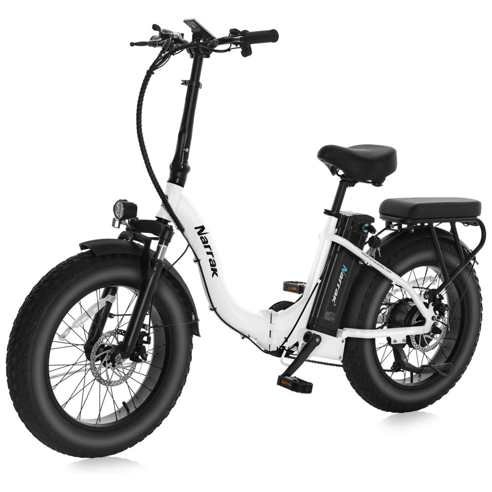 Bicicleta Elétrica Dobrável Narrak S129 Vermelho, Motor Traseiro 750W e Pico 1100W , Bateria 48V 13Ah 624Wh , Pneus Largos 20 x4 , Freios a Disco Duplos, Suspensão Dianteira e Transmissão SHIMANO 7 Velocidades e velocidade máxima de 45km/h, BRANCO