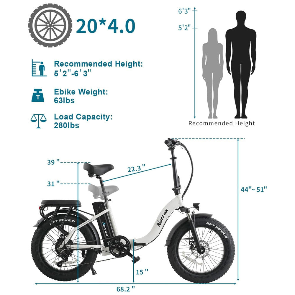 Bicicleta Elétrica Dobrável Narrak S129 Vermelho, Motor Traseiro 750W e Pico 1100W , Bateria 48V 13Ah 624Wh , Pneus Largos 20 x4 , Freios a Disco Duplos, Suspensão Dianteira e Transmissão SHIMANO 7 Velocidades e velocidade máxima de 45km/h, BRANCO