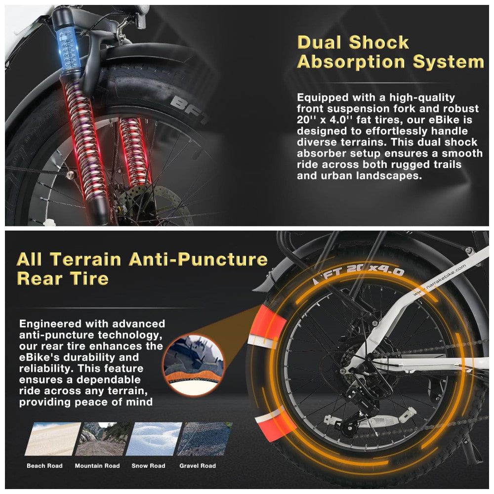 Bicicleta Elétrica Dobrável Narrak S129 Vermelho, Motor Traseiro 750W e Pico 1100W , Bateria 48V 13Ah 624Wh , Pneus Largos 20 x4 , Freios a Disco Duplos, Suspensão Dianteira e Transmissão SHIMANO 7 Velocidades e velocidade máxima de 45km/h, BRANCO