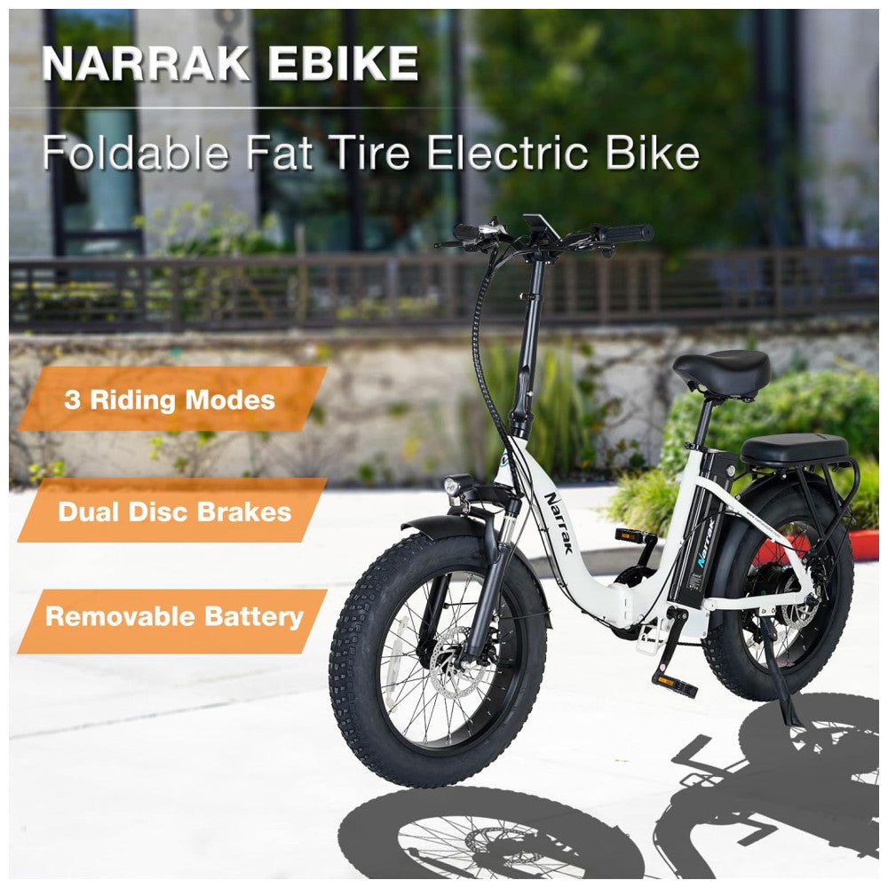 Bicicleta Elétrica Dobrável Narrak S129 Vermelho, Motor Traseiro 750W e Pico 1100W , Bateria 48V 13Ah 624Wh , Pneus Largos 20 x4 , Freios a Disco Duplos, Suspensão Dianteira e Transmissão SHIMANO 7 Velocidades e velocidade máxima de 45km/h, BRANCO