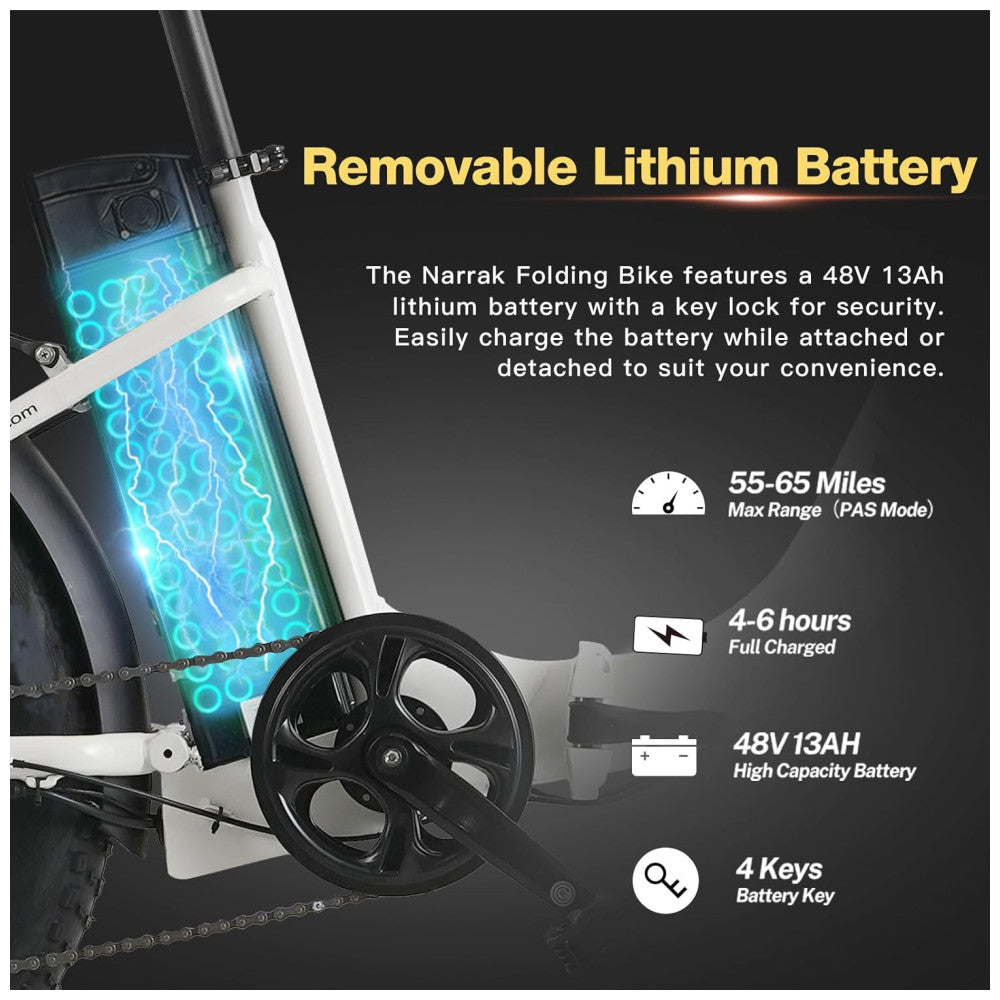 Bicicleta Elétrica Dobrável Narrak S129 Vermelho, Motor Traseiro 750W e Pico 1100W , Bateria 48V 13Ah 624Wh , Pneus Largos 20 x4 , Freios a Disco Duplos, Suspensão Dianteira e Transmissão SHIMANO 7 Velocidades e velocidade máxima de 45km h, BRANCO