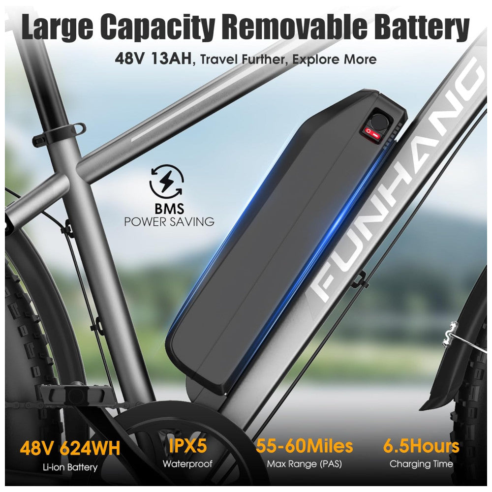 Bicicleta Elétrica Funhang EB-S1 26" Cinza Prata | Motor 1000W, Bateria 48V 13Ah, 7 Velocidades, 5 Modos de Condução