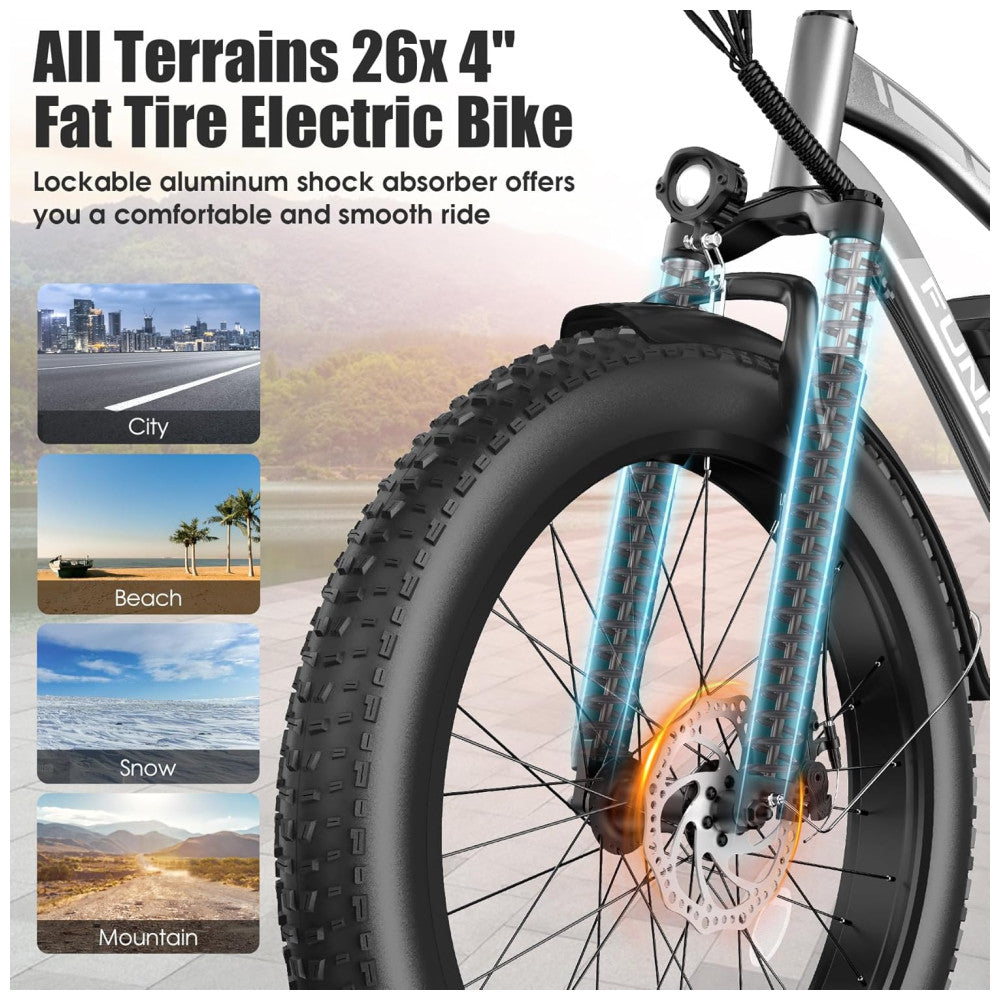 Bicicleta Elétrica Funhang EB-S1 26" Cinza Prata | Motor 1000W, Bateria 48V 13Ah, 7 Velocidades, 5 Modos de Condução
