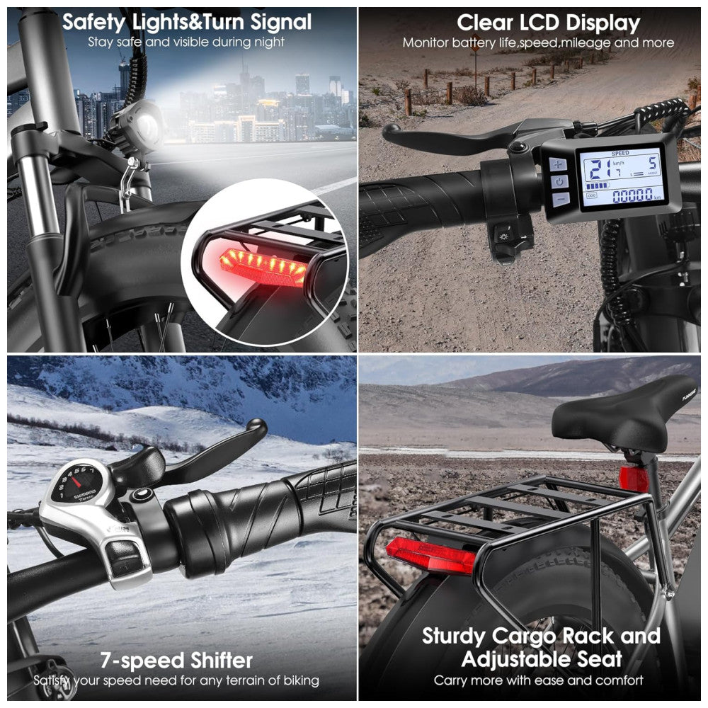 Bicicleta Elétrica Funhang EB-S1 26" Cinza Prata | Motor 1000W, Bateria 48V 13Ah, 7 Velocidades, 5 Modos de Condução